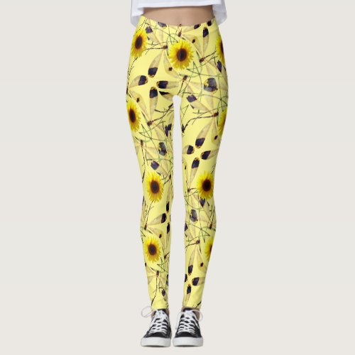 Abstract Sunflower Dragenfly  Leggings