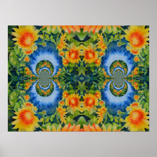Abstract sunflower field  retro floral   poster