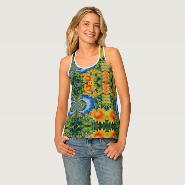 Abstract sunflower field | retro floral  tank top (Front Full)