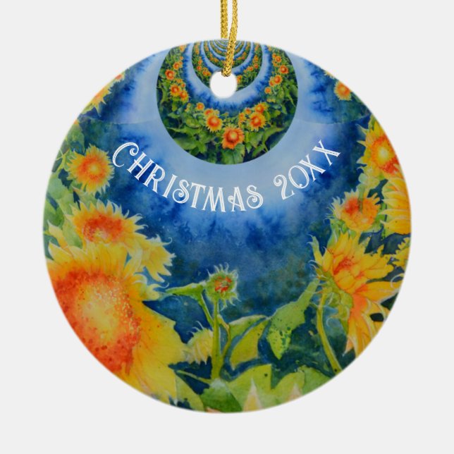 Abstract sunflower field | retro yellow floral   ceramic ornament (Front)