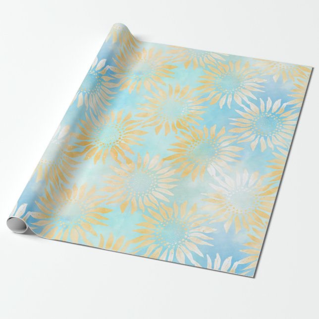 Abstract Sunflowers on Light Blue Wrapping Paper (Unrolled)