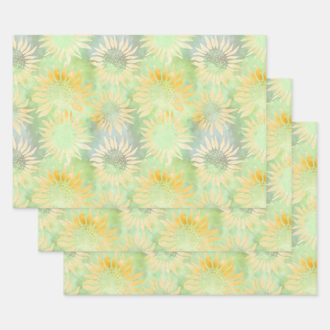 Abstract Sunflowers on Light Green Decoupage Tissu Wrapping Paper Sheets (Set)