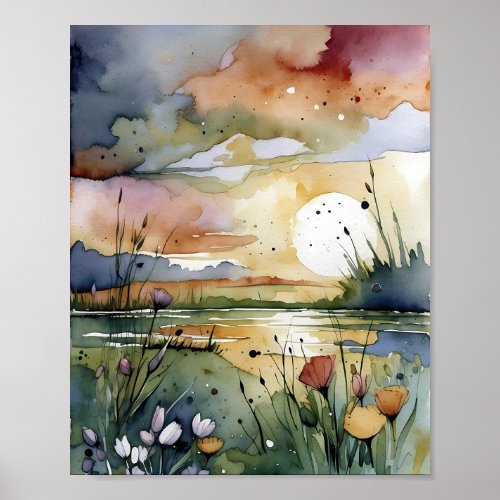 Abstract Sunrise on Wildflowers in Green  Poster
