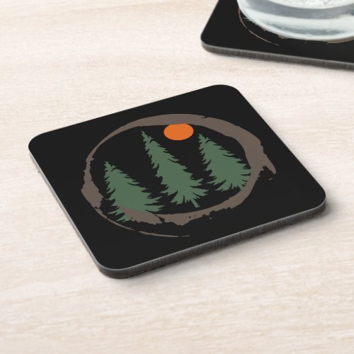 Abstract sunset landscape with pine trees beverage coaster