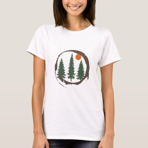 Abstract sunset landscape with pine trees T_Shirt