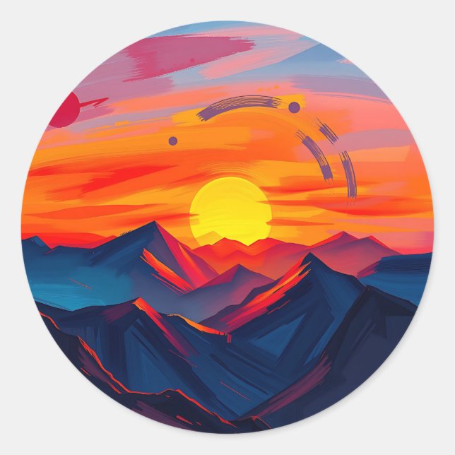 Abstract Sunset Over Mountains with Fiery  Classic Round Sticker (Front)