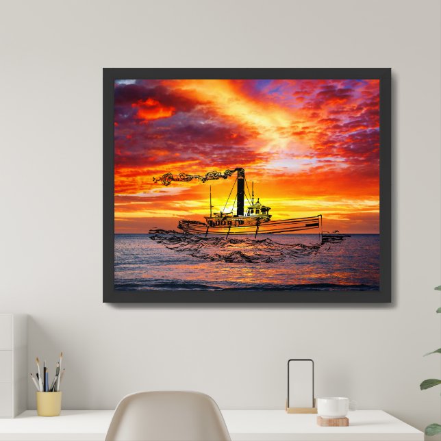 Abstract Sunset Over Ocean - Sailing the Ship Framed Art (Home Office)