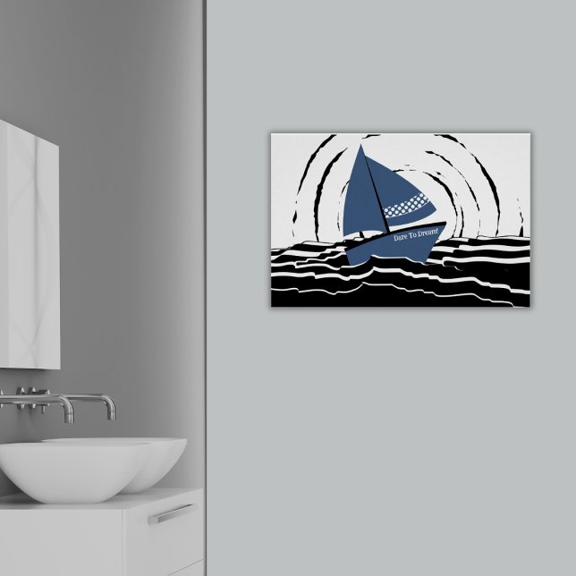 Abstract Sunset Sailing The Sea Dare To Dream! Poster (Abstract Sunset Blue Sailing Boat, Motivational Custom Text: Dare To Dream! Poster, Bathroom)
