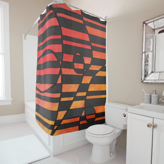 Abstract Sunset Stripes with Bold Geometric Shapes Shower Curtain (In Situ)