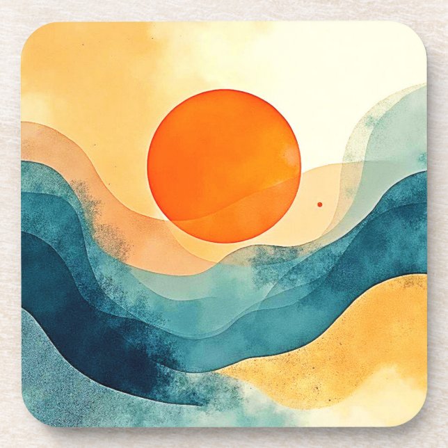 Abstract Sunset Waves Art Beverage Coaster (Front)