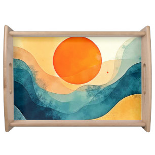 Abstract Sunset Waves Art Serving Tray