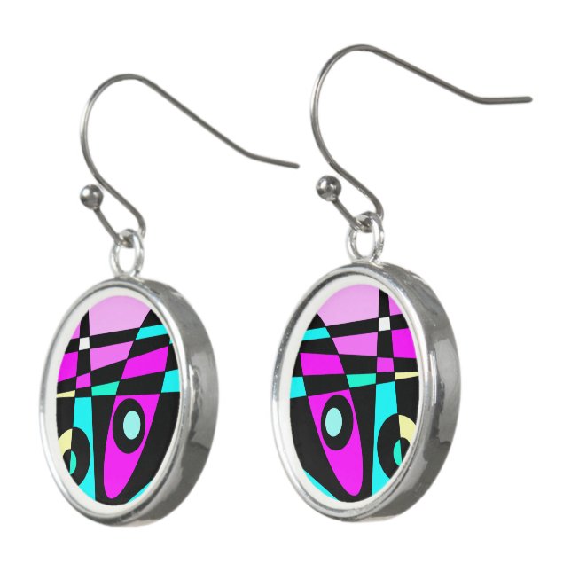 Abstract Surfing Turquoise Hot Pink Yellow Black  Earrings (Angled)