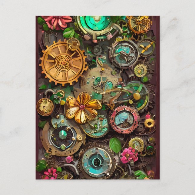 Abstract Surreal Gears Flowers Steampunk Art   Postcard (Front)