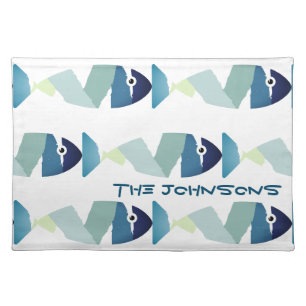 Abstract Swimming Blue Fish Cloth Placemat