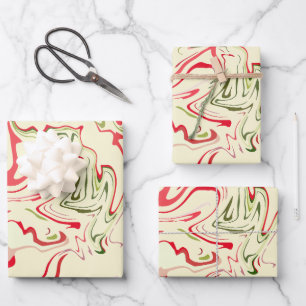 Abstract Swirl Art with Vibrant Red & Green Wrapping Paper Sheets