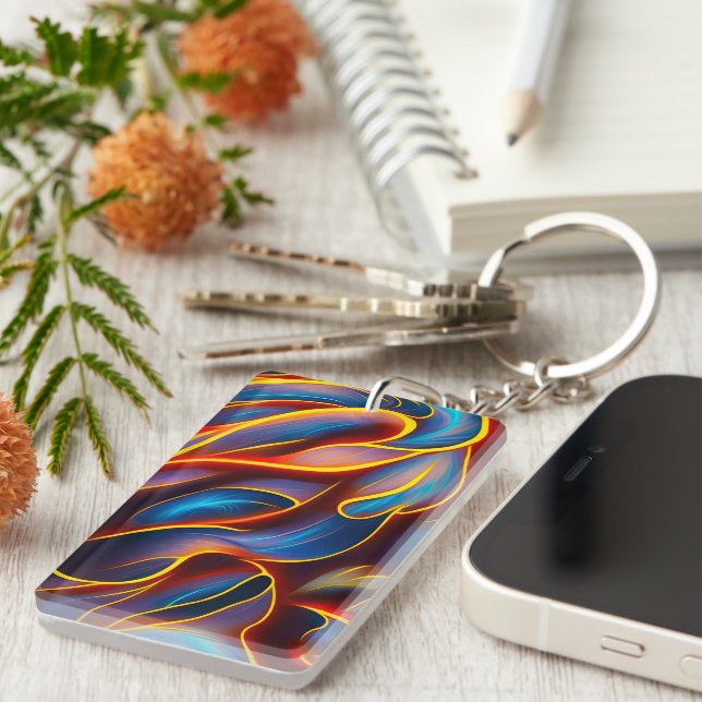 Abstract Swirl Blue Red Flames Keychain (Front Right)