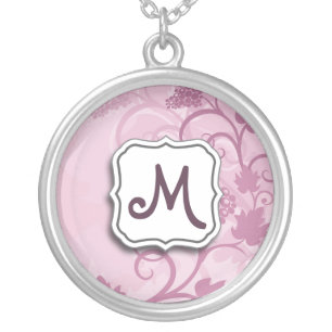 Abstract Swirl Floral Lavender Grapes and Monogram Silver Plated Necklace
