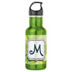 Abstract Swirl Floral Lime Green with Monogram Water Bottle