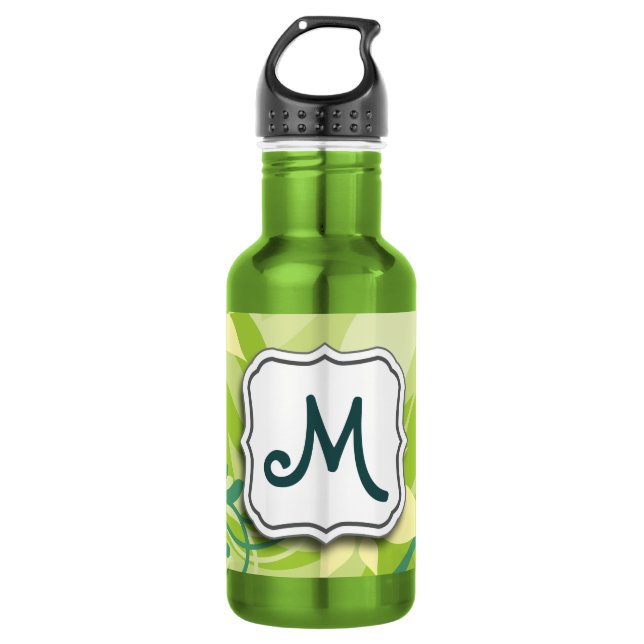 Abstract Swirl Floral Lime Green with Monogram Water Bottle (Front)