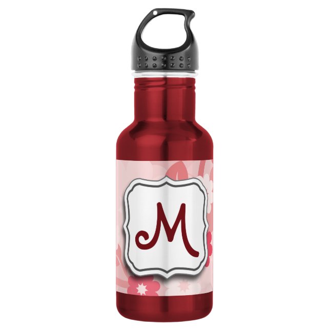 Abstract Swirl Floral Pink with Monogram Stainless Steel Water Bottle (Front)