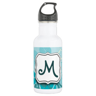 Abstract Swirl Floral Turquoise with Monogram Stainless Steel Water Bottle