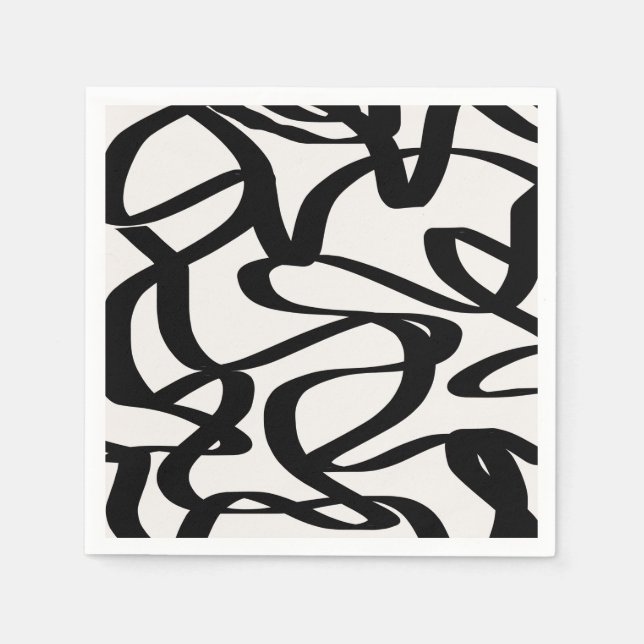 Abstract Swirl Lines Shapes Black And Beige Cream Napkins (Front)