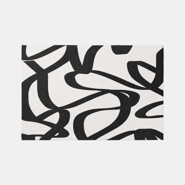 Abstract Swirl Lines Shapes Black And Beige Cream Rug (Front)