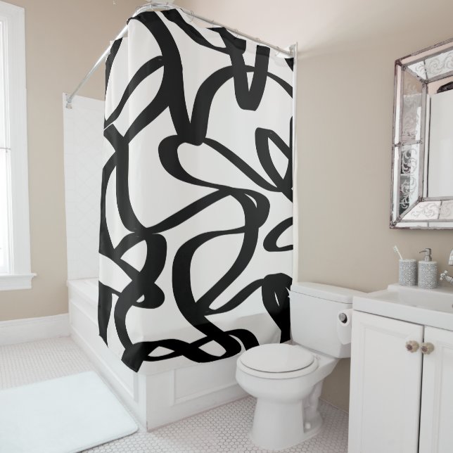 Abstract Swirl Lines Shapes Black And Beige Cream  Shower Curtain (In Situ)
