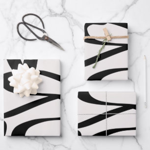 Abstract Swirl Lines Shapes Black And Beige Cream Wrapping Paper Sheets
