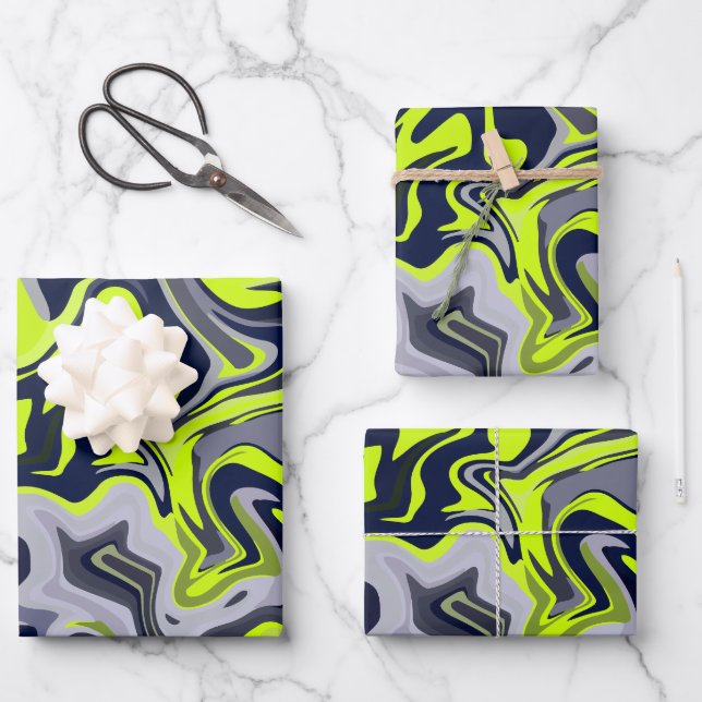 Abstract Swirl of Green, Gray, and Black Wrapping Paper Sheets (Front)