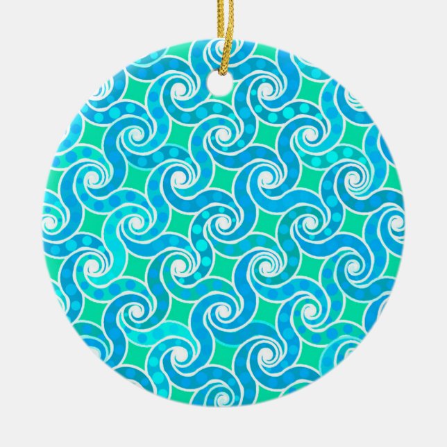 Abstract Swirl pattern - Blue, Jade green & White Ceramic Ornament (Front)