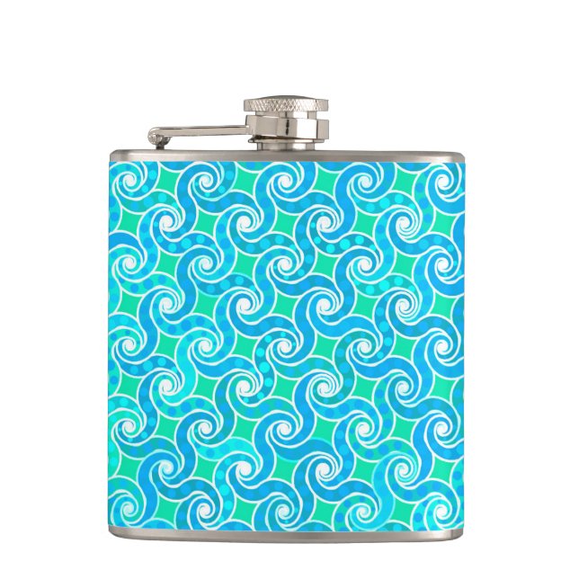 Abstract Swirl pattern - Blue, Jade green & White Flask (Front)