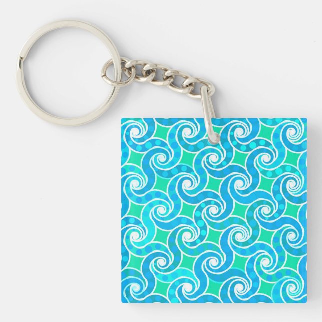 Abstract Swirl pattern - Blue, Jade green & White Keychain (Front)
