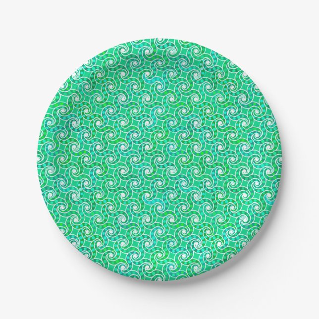 Abstract swirl pattern - shades of jade green paper plates (Front)