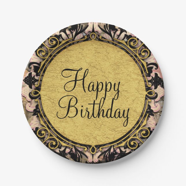 Abstract Swirl Pink Black & Gold Glam Grunge Party Paper Plates (Front)