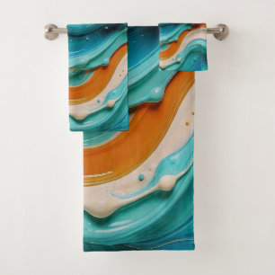 Abstract Swirling Teal and Orange Glossy Fluid Bath Towel Set