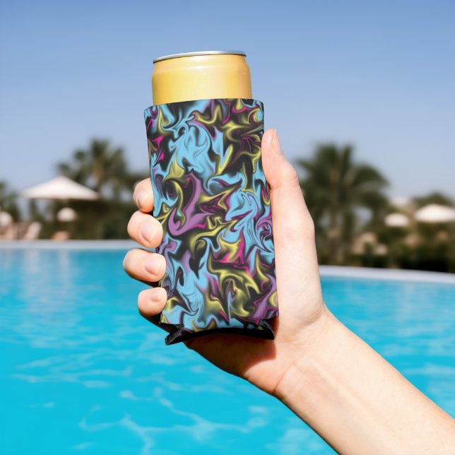 Abstract Swirls of Black Yellow Pink Blue Purple Seltzer Can Cooler (In Situ Pool)