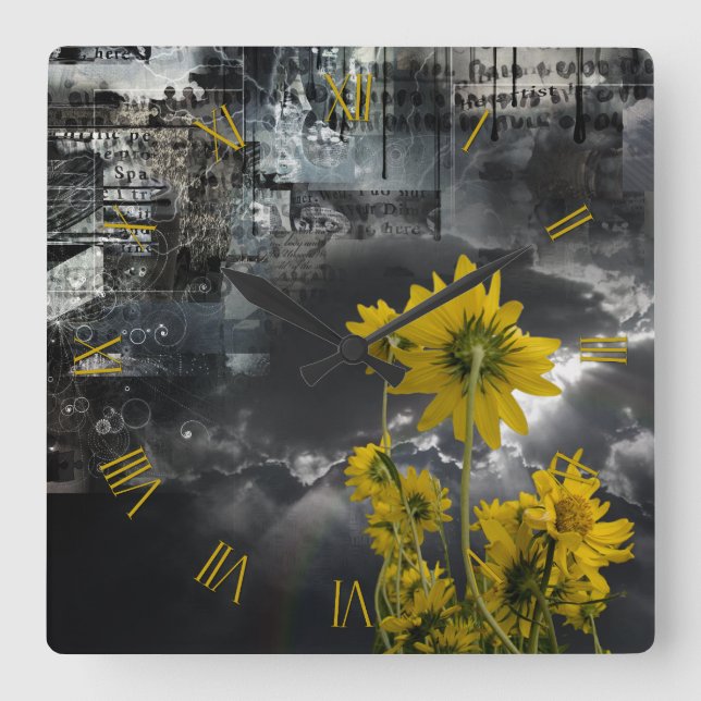 Abstract symbols and yellow flowers square wall clock (Front)