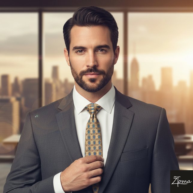 Abstract Tan Blue Geometric Weave Pattern Neck Tie (Creator Uploaded)