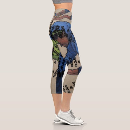 Abstract Tan  Denim Blue Student Font Canvas Art Capri Leggings