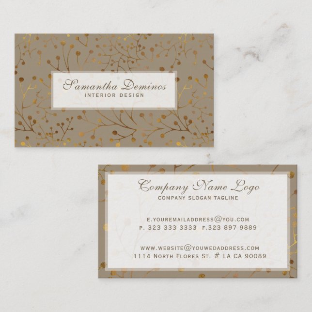 Abstract Tan & Gold Tree Brunches Pattern Business Card (Front/Back)