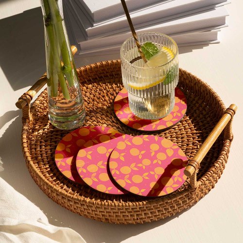 Abstract tangerine pink and yellow pattern round paper coaster