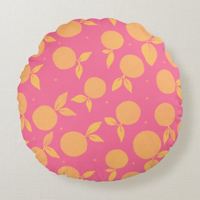 Abstract tangerine pink and yellow pattern round pillow (Front)
