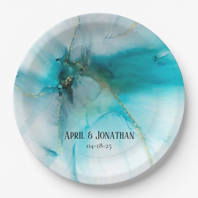 Abstract Teal and Faux Gold Wedding Plate (Front)