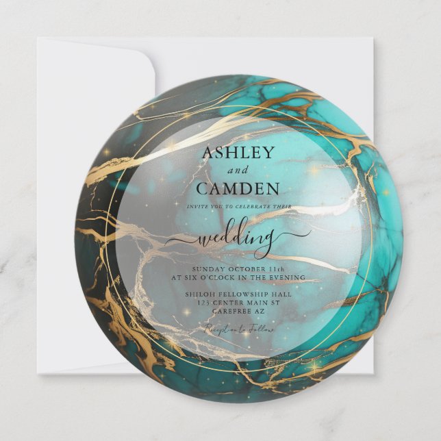 Abstract Teal and Gold Celestial Wedding Invitation (Front)