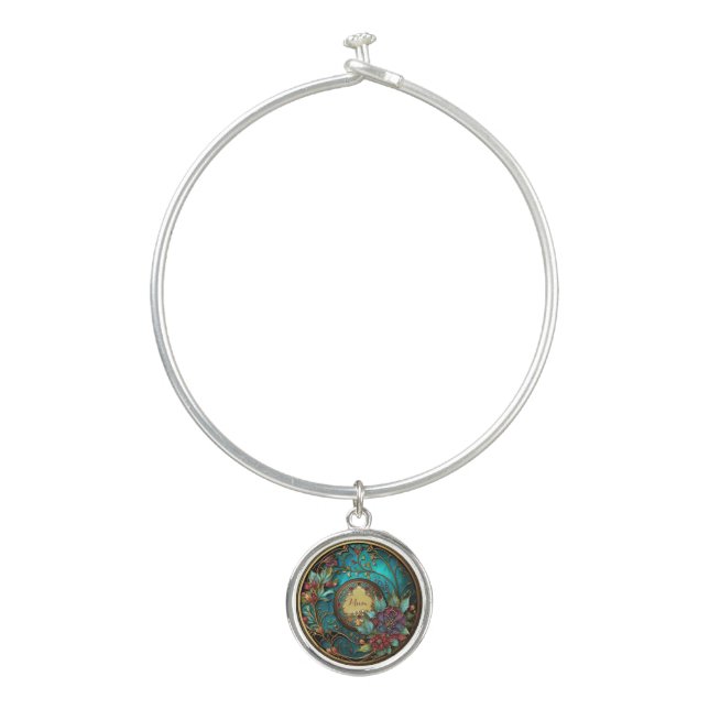 Abstract Teal and pink stained glass Mother's Day Bangle Bracelet (Front)