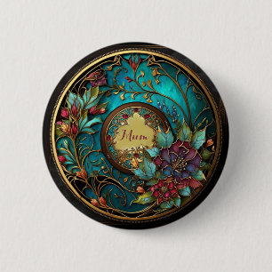 Abstract Teal and pink stained glass Mother's Day Button