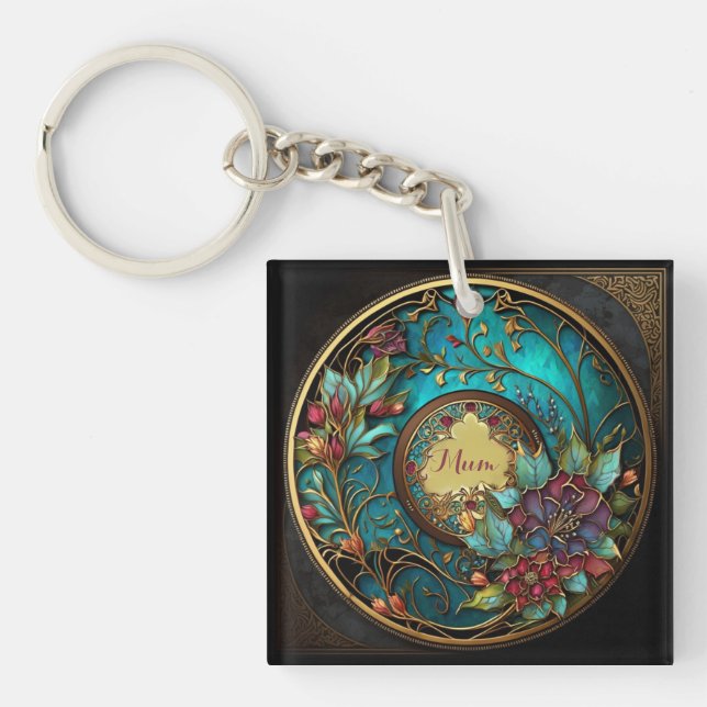 Abstract Teal and pink stained glass Mother's Day Keychain (Front)