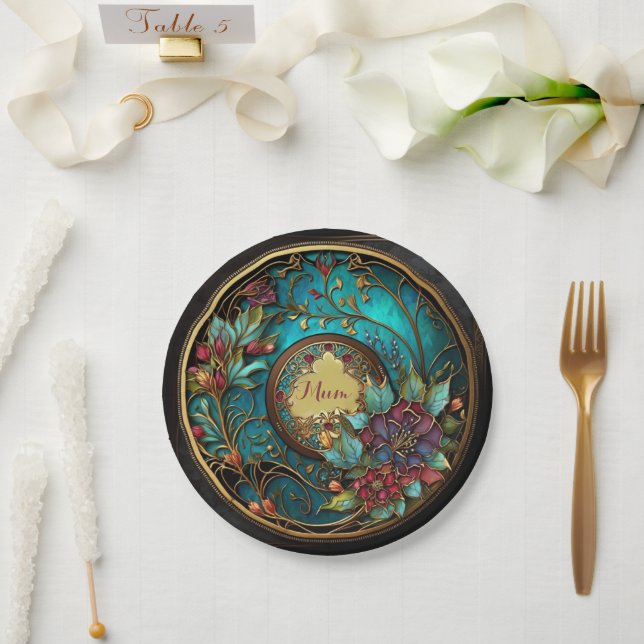 Abstract Teal and pink stained glass Mother's Day Paper Plates (Wedding)