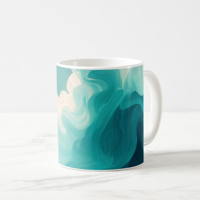 Abstract Teal and White Flowing Waves Coffee Mug (Front Right)